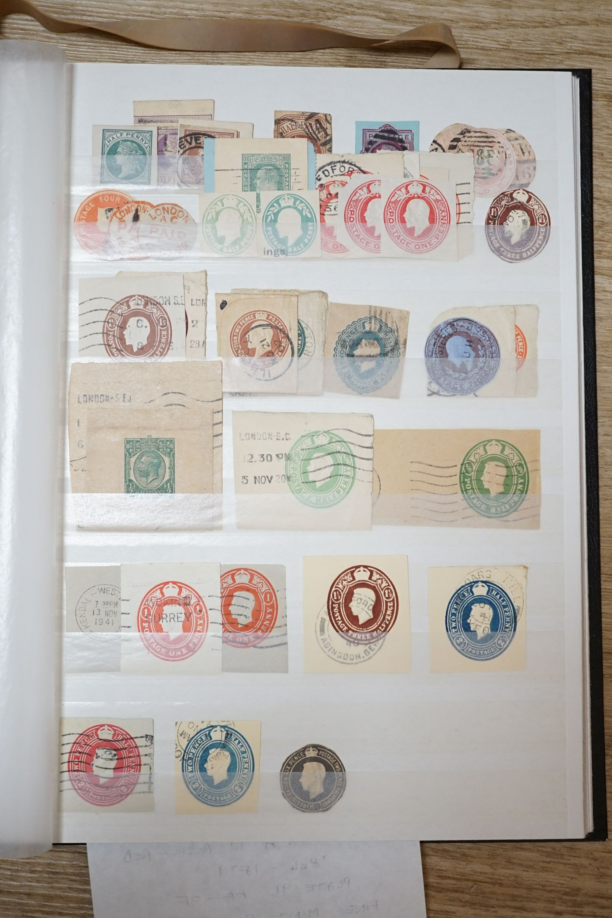 Great Britain stamps in stock book with 1840 1d black and 1841 2d blue unused. 1841 1d red brown mint block of 8, 1864-79 1d red plates in mint blocks including plate 79 block of 48, plate 170 block of 6 with marginal in